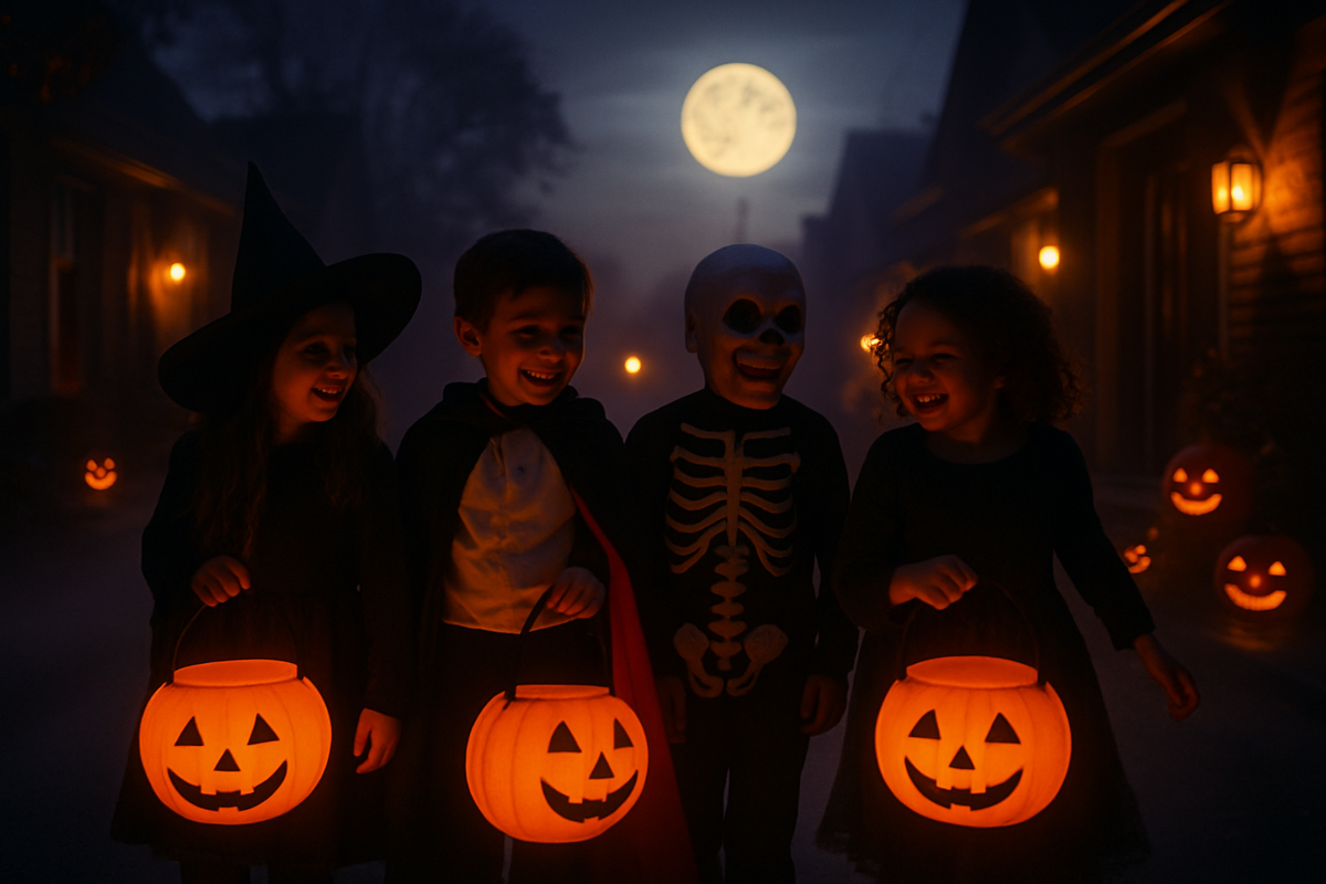 Costumed children with glowing candy buckets walking a foggy street lined with carved pumpkins