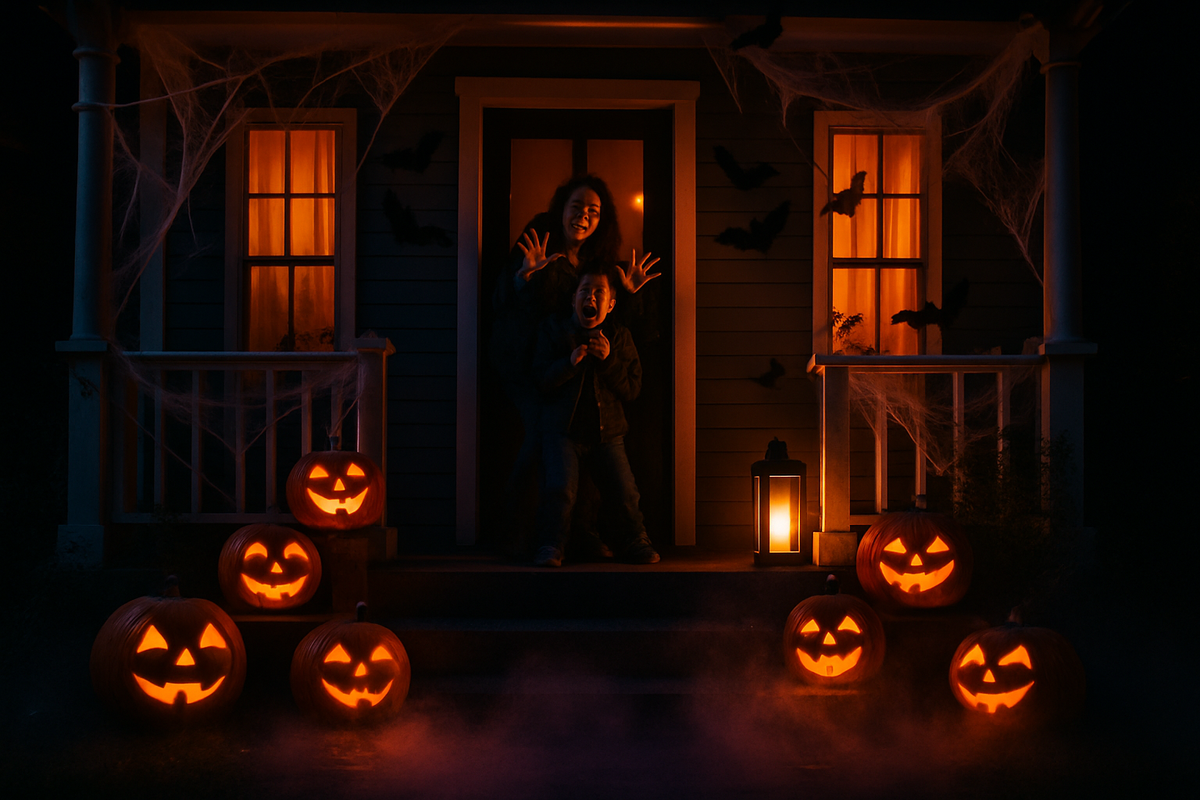 A house front decorated for Halloween: carved pumpkins on the steps, cobwebs across the porch