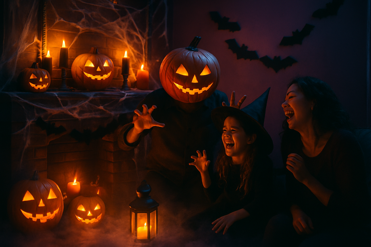 An indoor Halloween mantelpiece with cobweb garlands, carved pumpkins and black candles