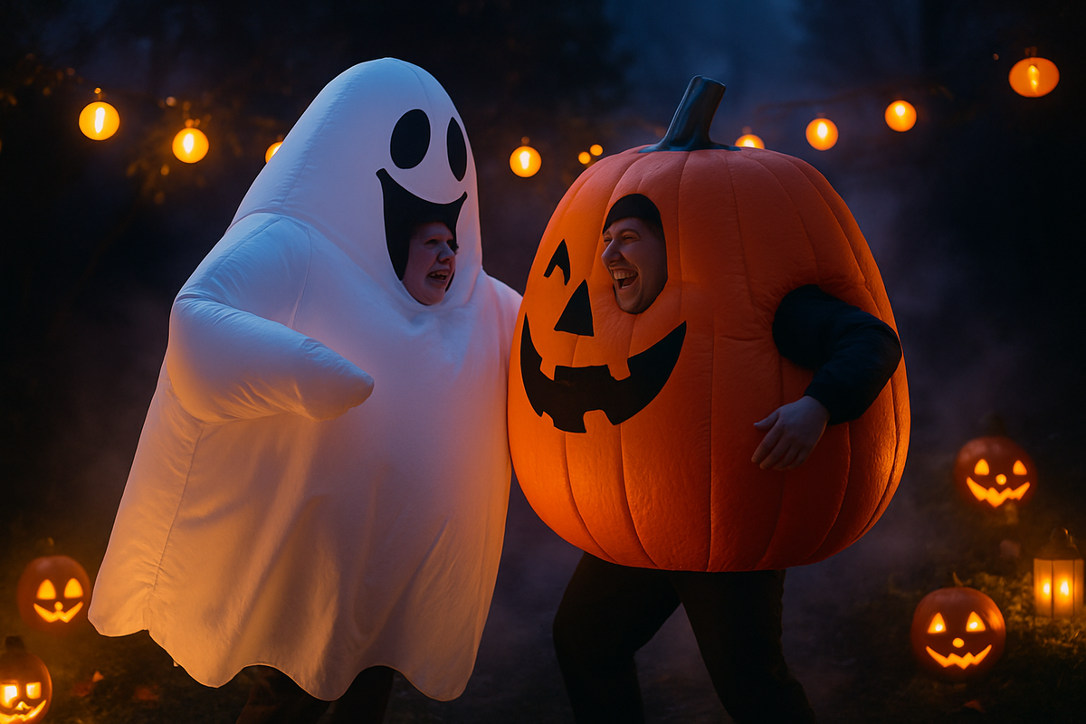 Two friends in oversized inflatable ghost and pumpkin costumes laughing in a foggy garden