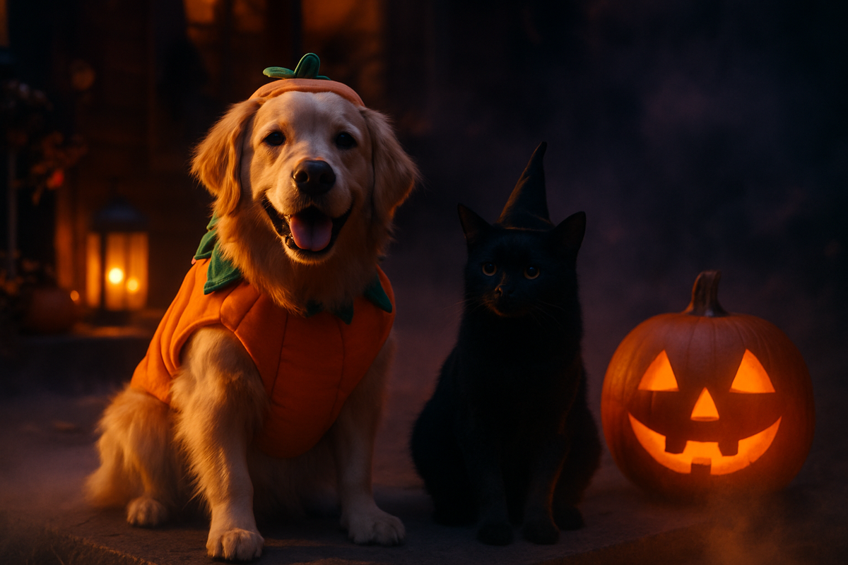A dog in a pumpkin costume and a cat in a witch hat on a porch step beside a carved pumpkin