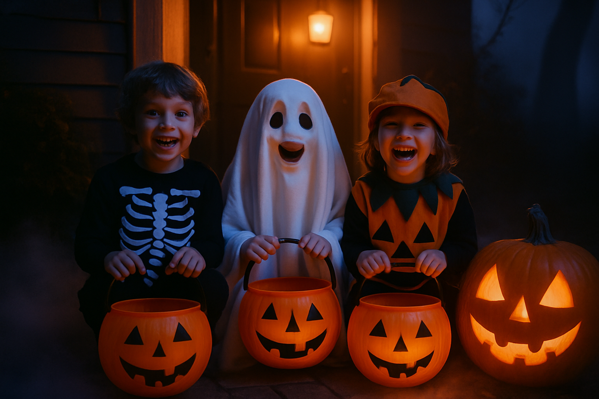 Three children in skeleton, ghost and pumpkin costumes holding candy buckets on a lit doorstep