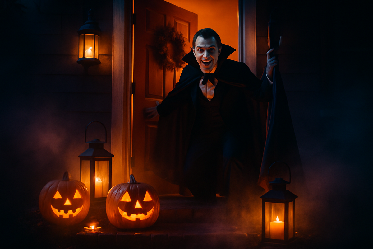 A man in a caped vampire costume grinning as he opens a door lined with carved pumpkins
