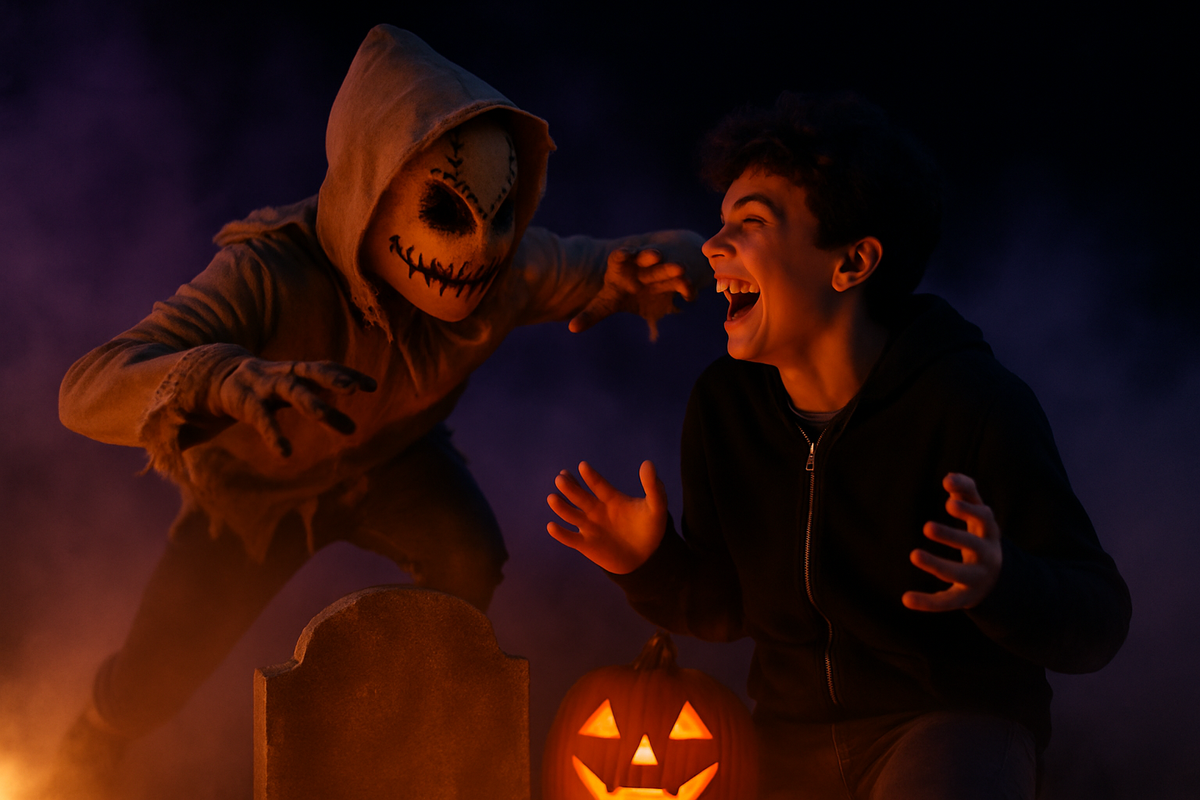 A teenager in a scarecrow mask leaping out from behind a gravestone prop to startle a laughing friend