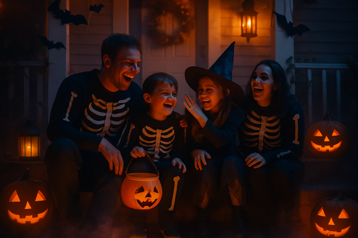 A family of four in matching costumes laughing together on their decorated porch