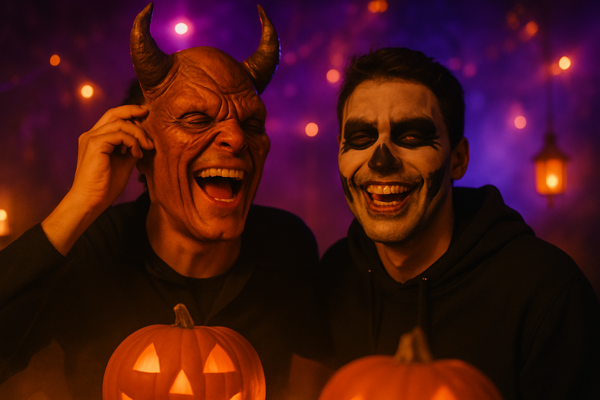 A partygoer lifting a latex mask to laugh beside a friend wearing skull face paint