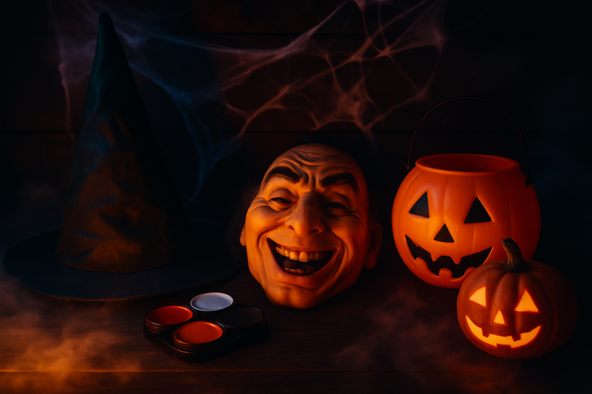 A witch hat, mask, face paint, candy bucket, cobweb garland and small carved pumpkin laid out on dark wood