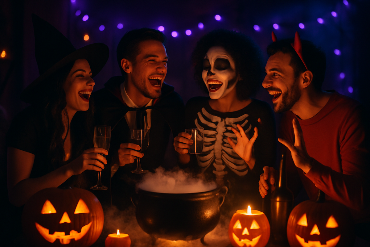 Four friends in witch, vampire, skeleton and devil costumes laughing around a smoking punch bowl