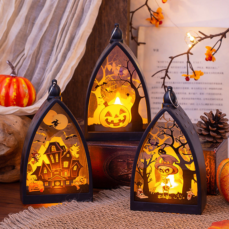 Pumpkin & Skeleton Castle Lamp — Glowing Ornament — view 1