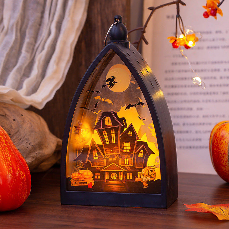 Pumpkin & Skeleton Castle Lamp — Glowing Ornament — view 3
