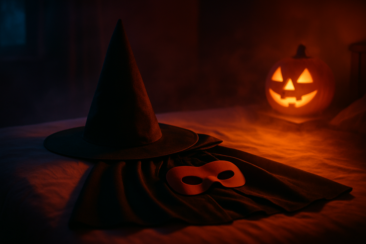 A witch hat, cape and mask laid out on a bed the evening before a party, a carved pumpkin glowing nearby