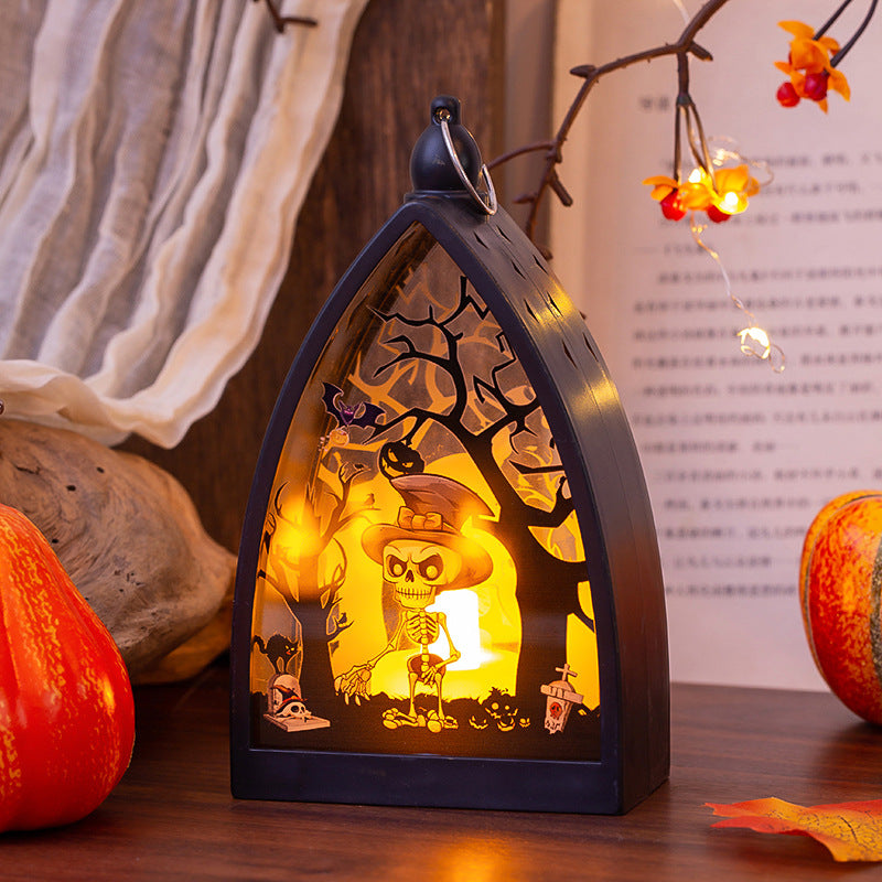 Pumpkin & Skeleton Castle Lamp — Glowing Ornament — view 4