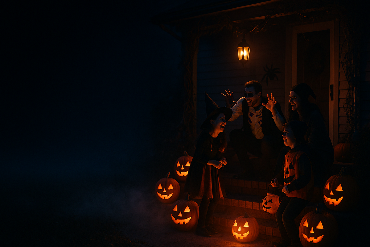 Groupe d'amis et d'enfants déguisés sur un perron décoré de citrouilles allumées
